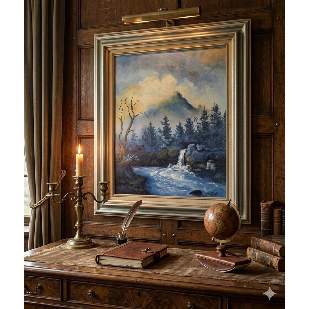 Vintage Sybil 1982 Original Oil Painting Mountain Waterfall Landscape Framed Art